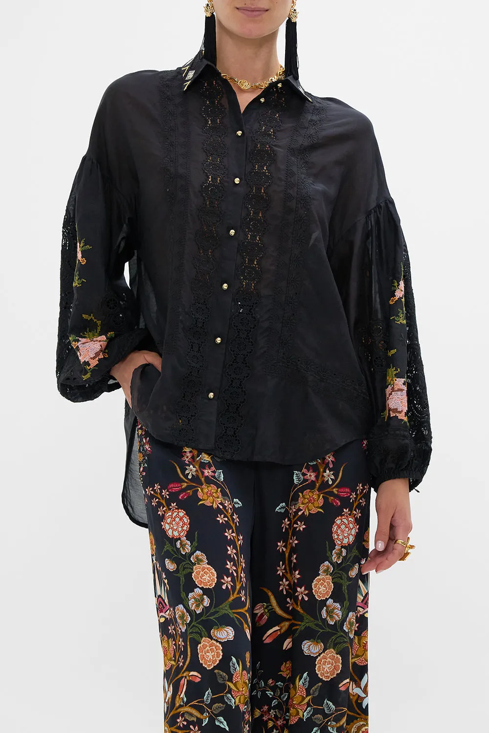 EMBROIDERED BALLOON SLEEVE SHIRT BLOUSE LOOM TO TOMB