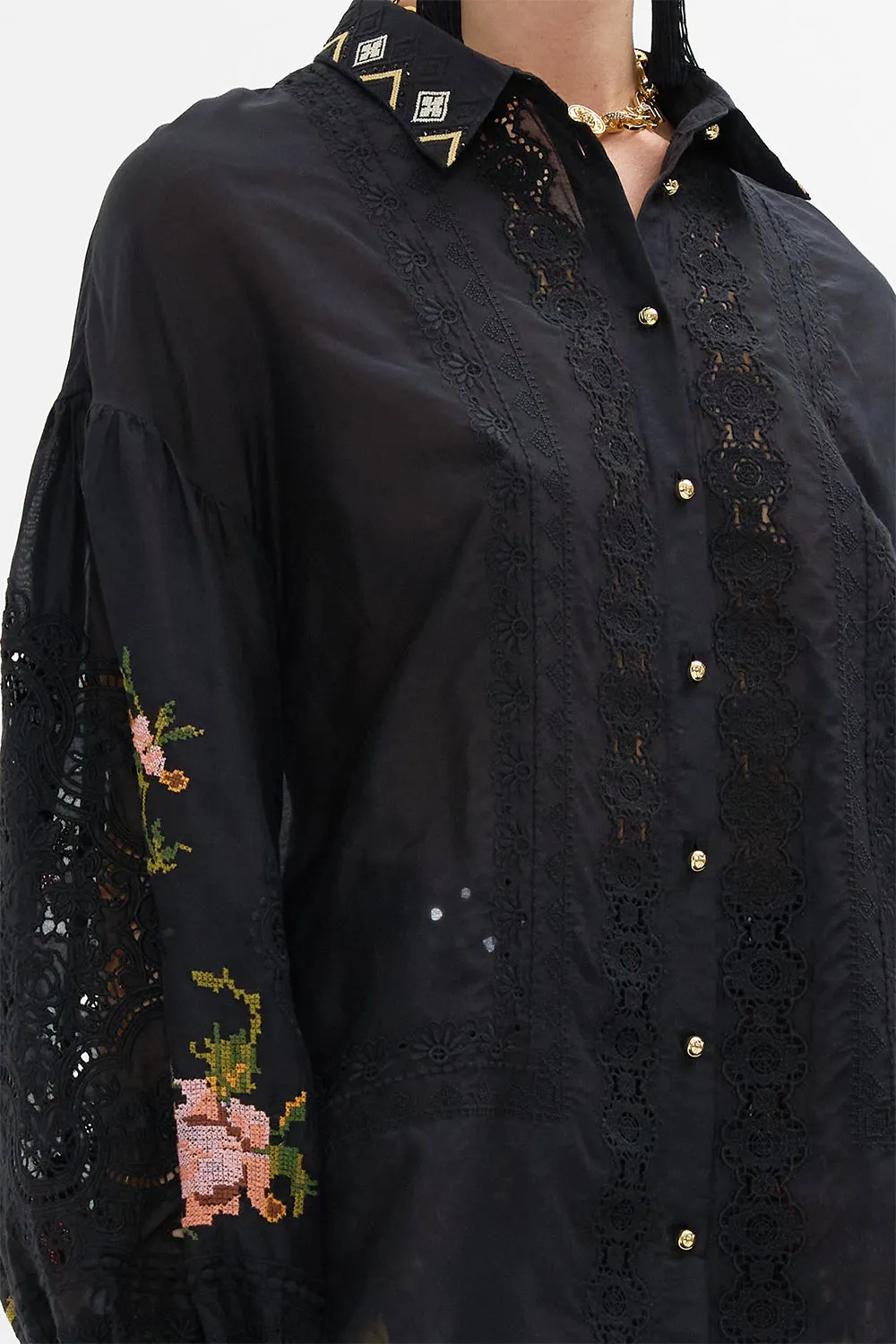 EMBROIDERED BALLOON SLEEVE SHIRT BLOUSE LOOM TO TOMB