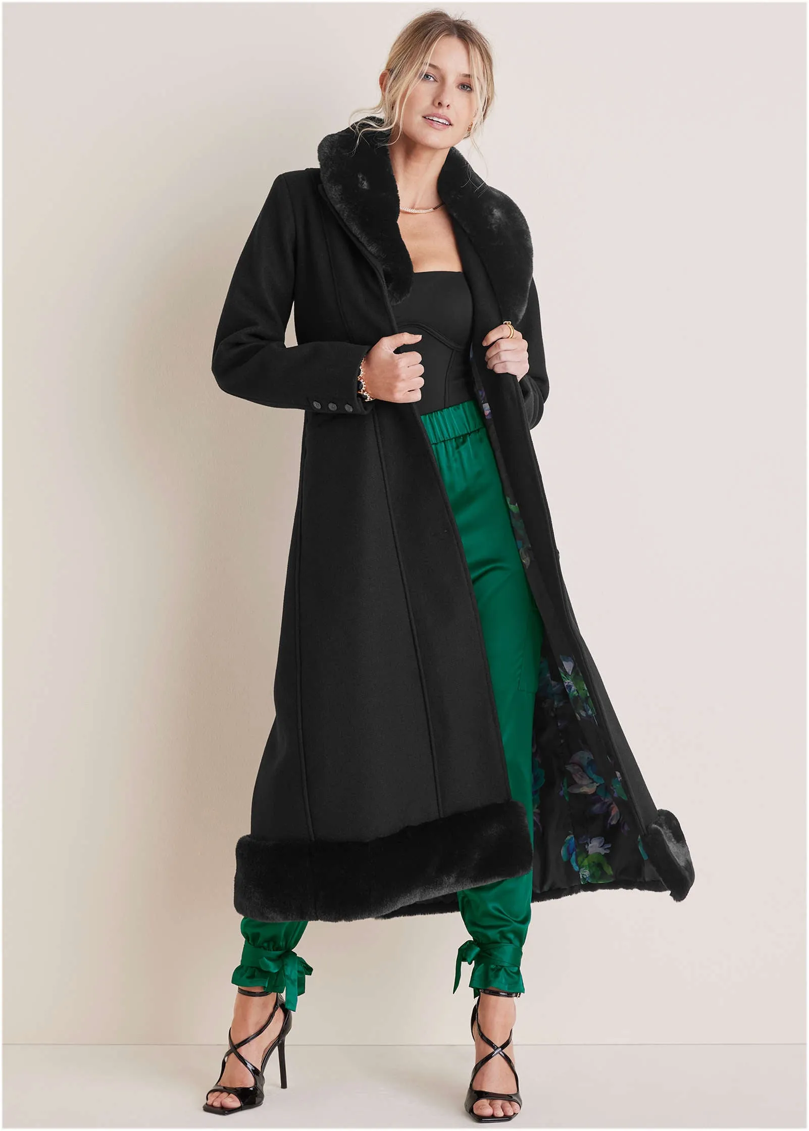 Faux-Fur Trim Long Coat - Black