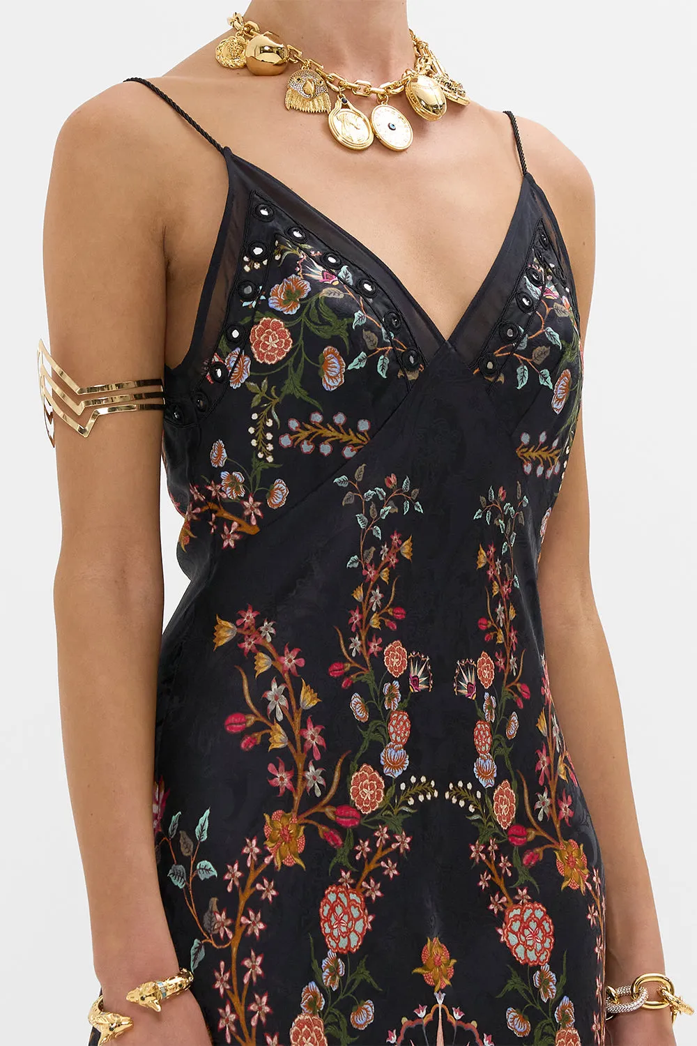 FLORAL JACQUARD FULL LENGTH BIAS SLIP DRESS LOOM TO TOMB