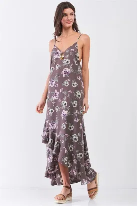 Grey Multi Floral Print Sleeveless V-Neck Asymmetrical Wrap Ruffle Trim Maxi Dress /1-2-2-1