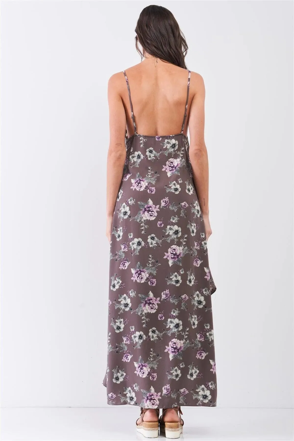 Grey Multi Floral Print Sleeveless V-Neck Asymmetrical Wrap Ruffle Trim Maxi Dress /1-2-2-1