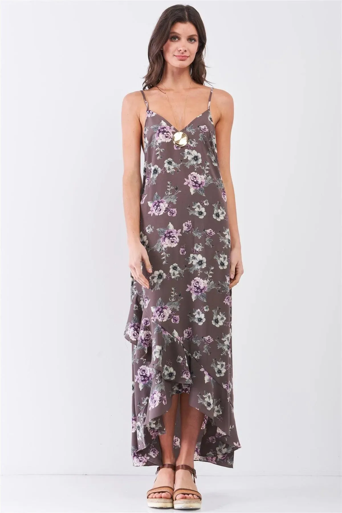 Grey Multi Floral Print Sleeveless V-Neck Asymmetrical Wrap Ruffle Trim Maxi Dress /1-2-2-1