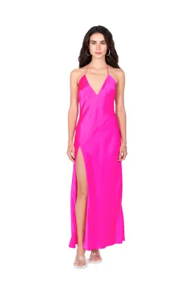 Hot Fuchsia High Slit Deep V Halter Maxi