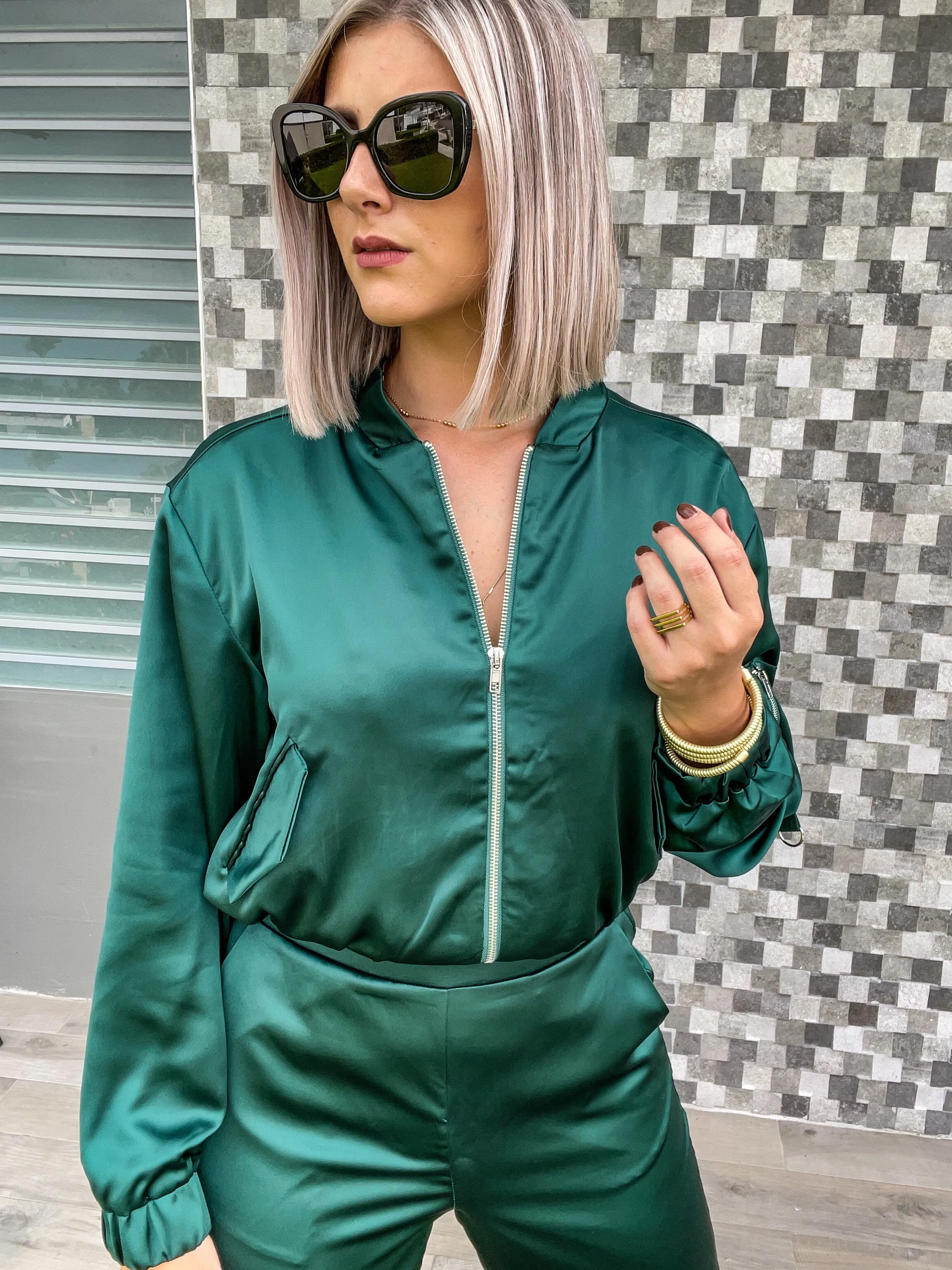 HUNTER GREEN SATIN BOMBER JACKET