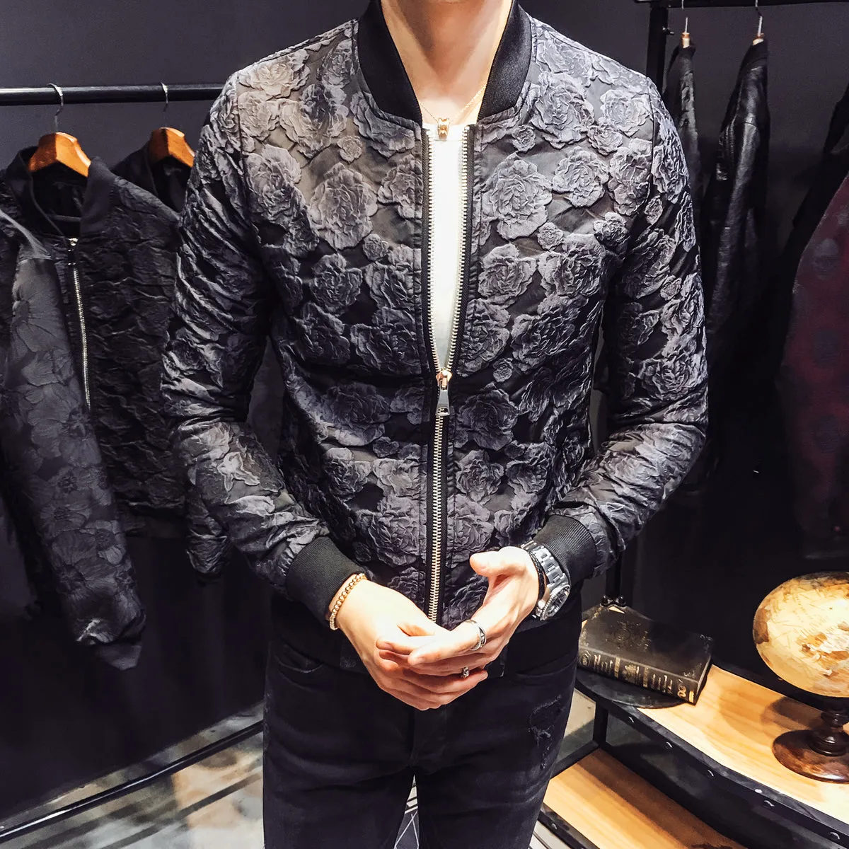 Jacquard Floral Men Slim fit Bomber Jackets