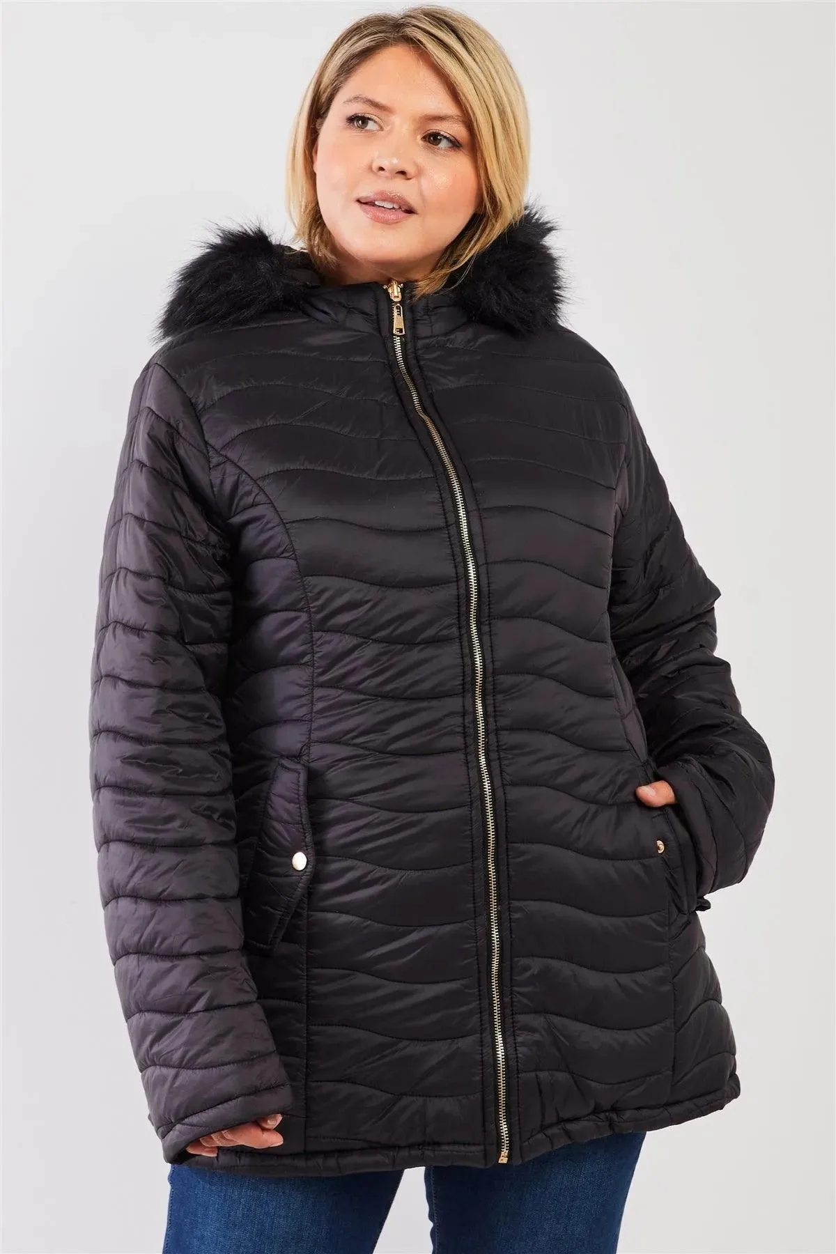 Junior Plus Size Reversible Black Dyed Vegan Fur Double-Sided Cotton Twill Parka & Puffer Jacket /1-1-1-1