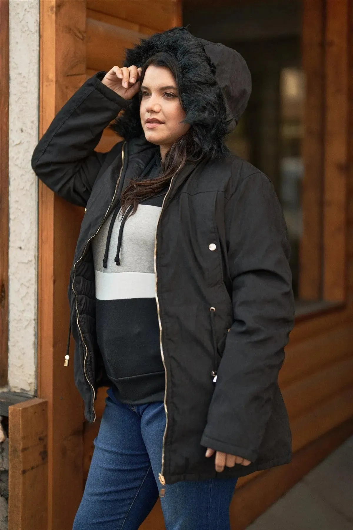 Junior Plus Size Reversible Black Dyed Vegan Fur Double-Sided Cotton Twill Parka & Puffer Jacket /1-1-1-1