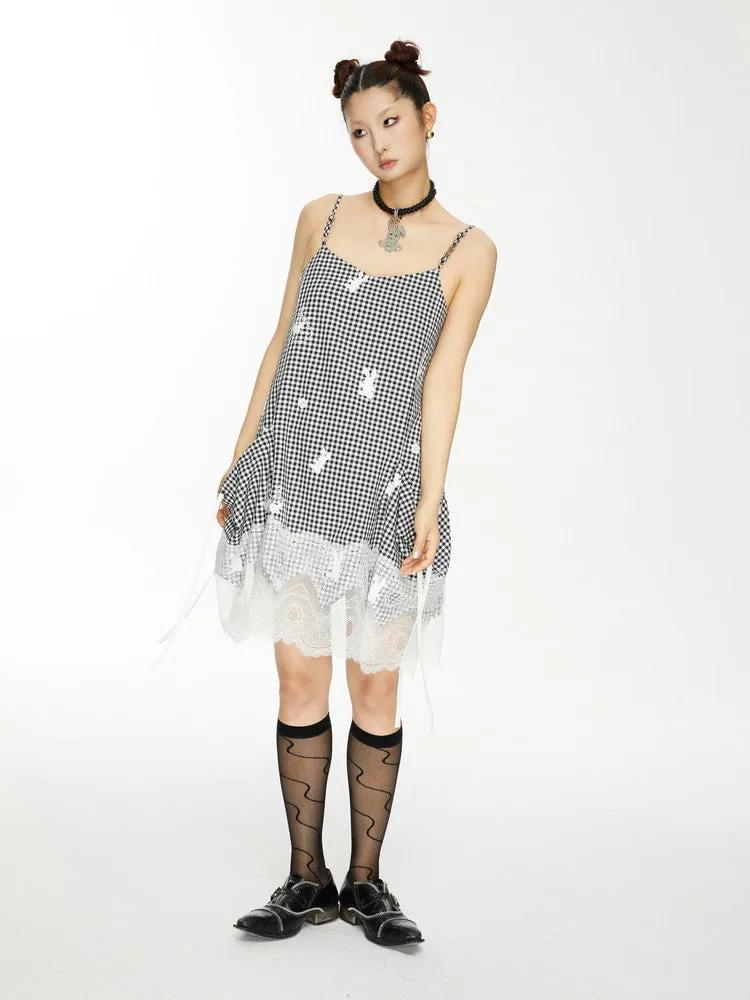 Lace Gingham-Checked Girly Loose Camisole Casual Dress＆Pants