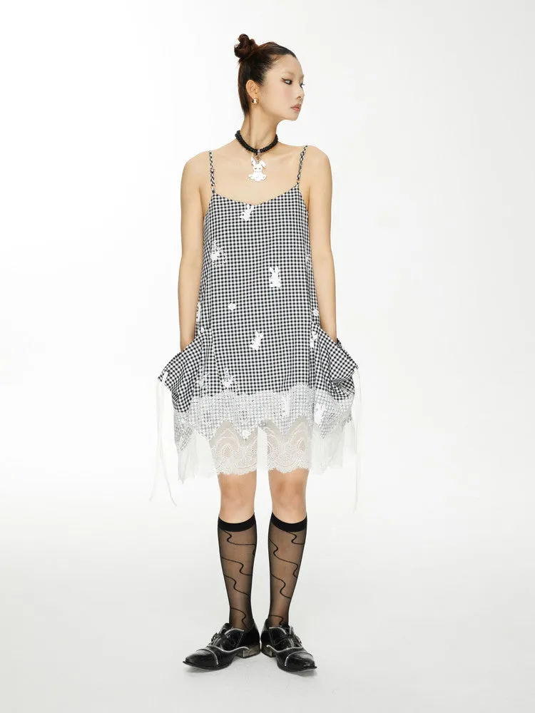 Lace Gingham-Checked Girly Loose Camisole Casual Dress＆Pants