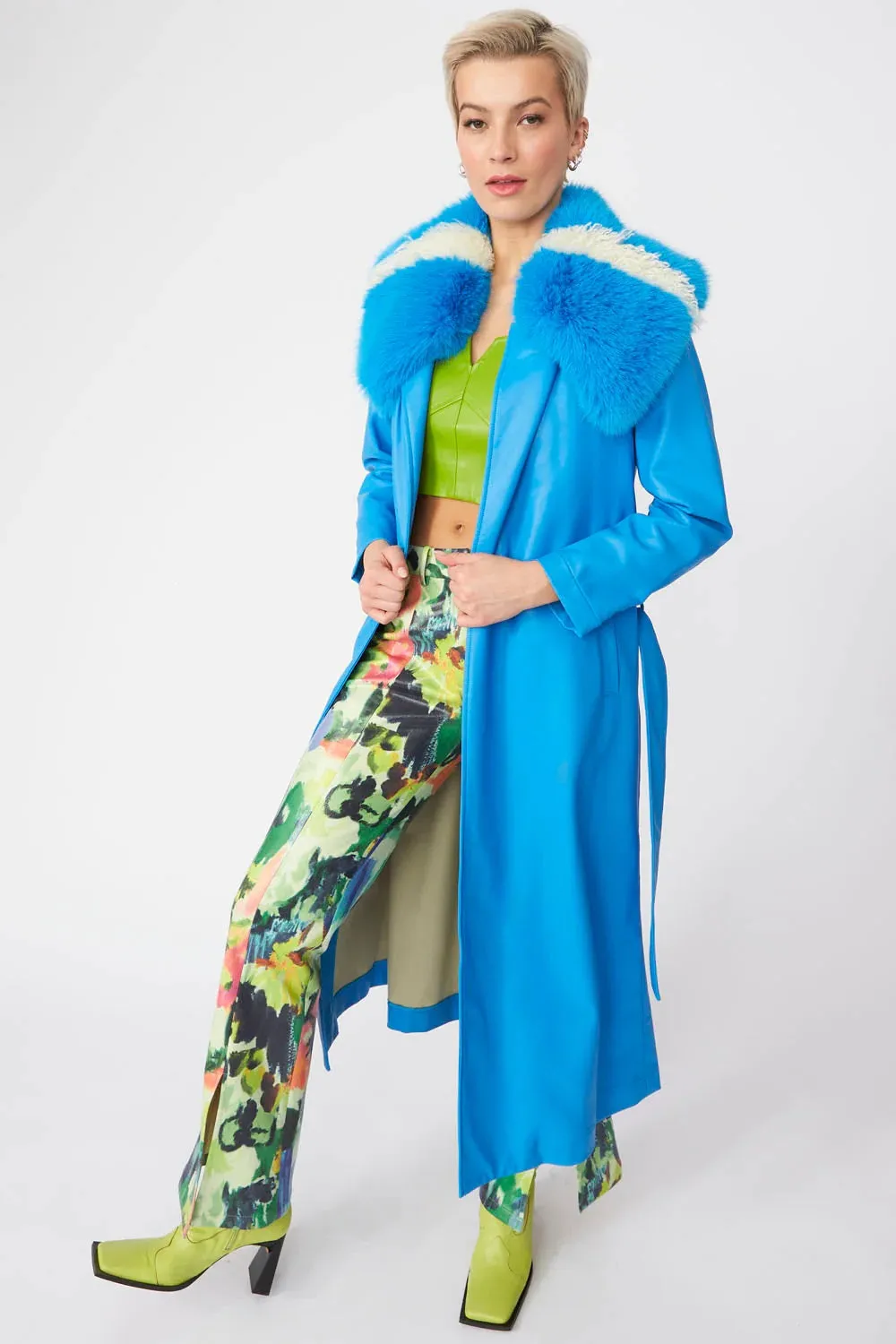 Ladies Blue Tencel Blend Eco Leather Trench Coat