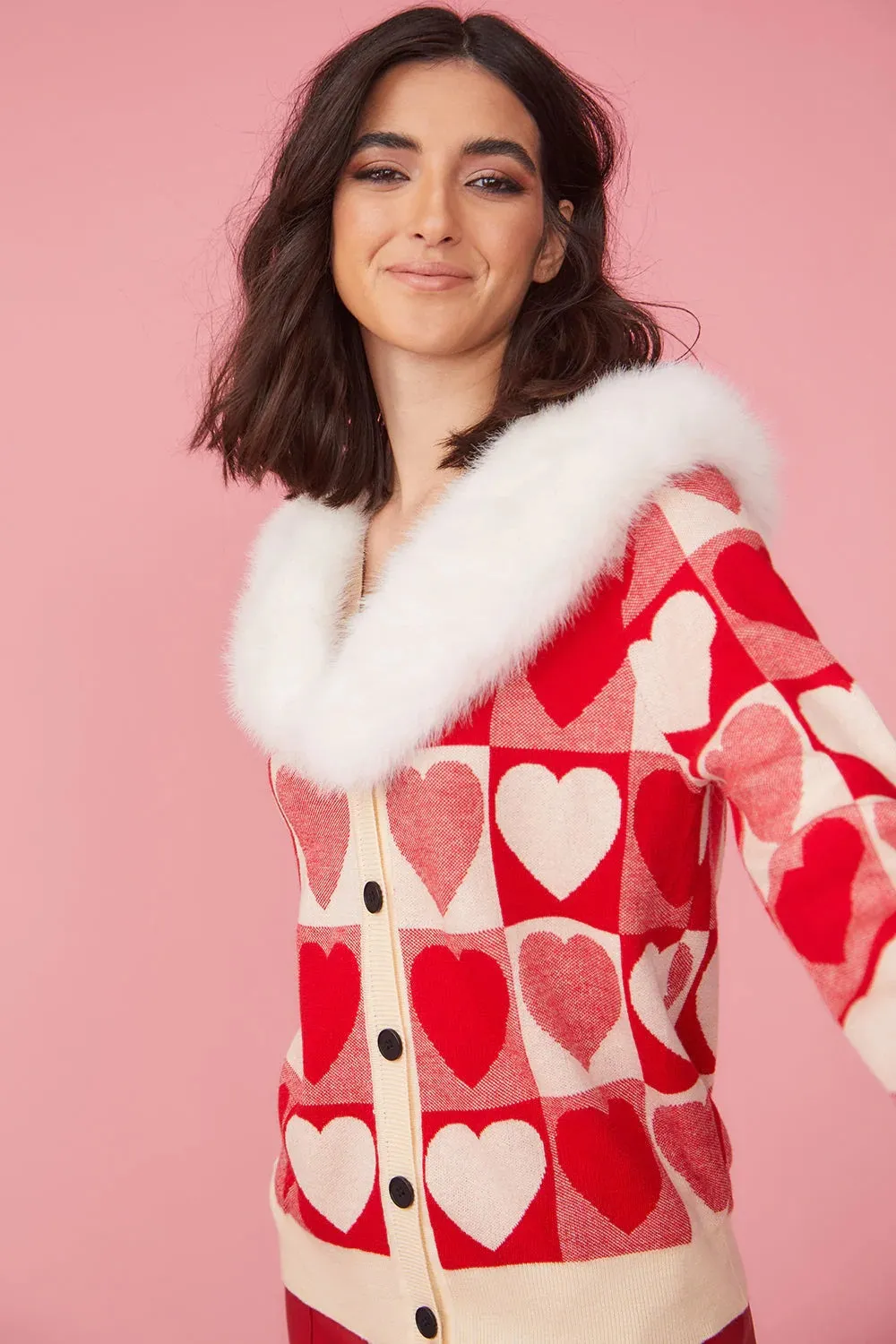 Love Heart Design Cashmere Cardigan With Fur Collar