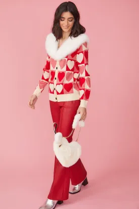 Love Heart Design Cashmere Cardigan With Fur Collar