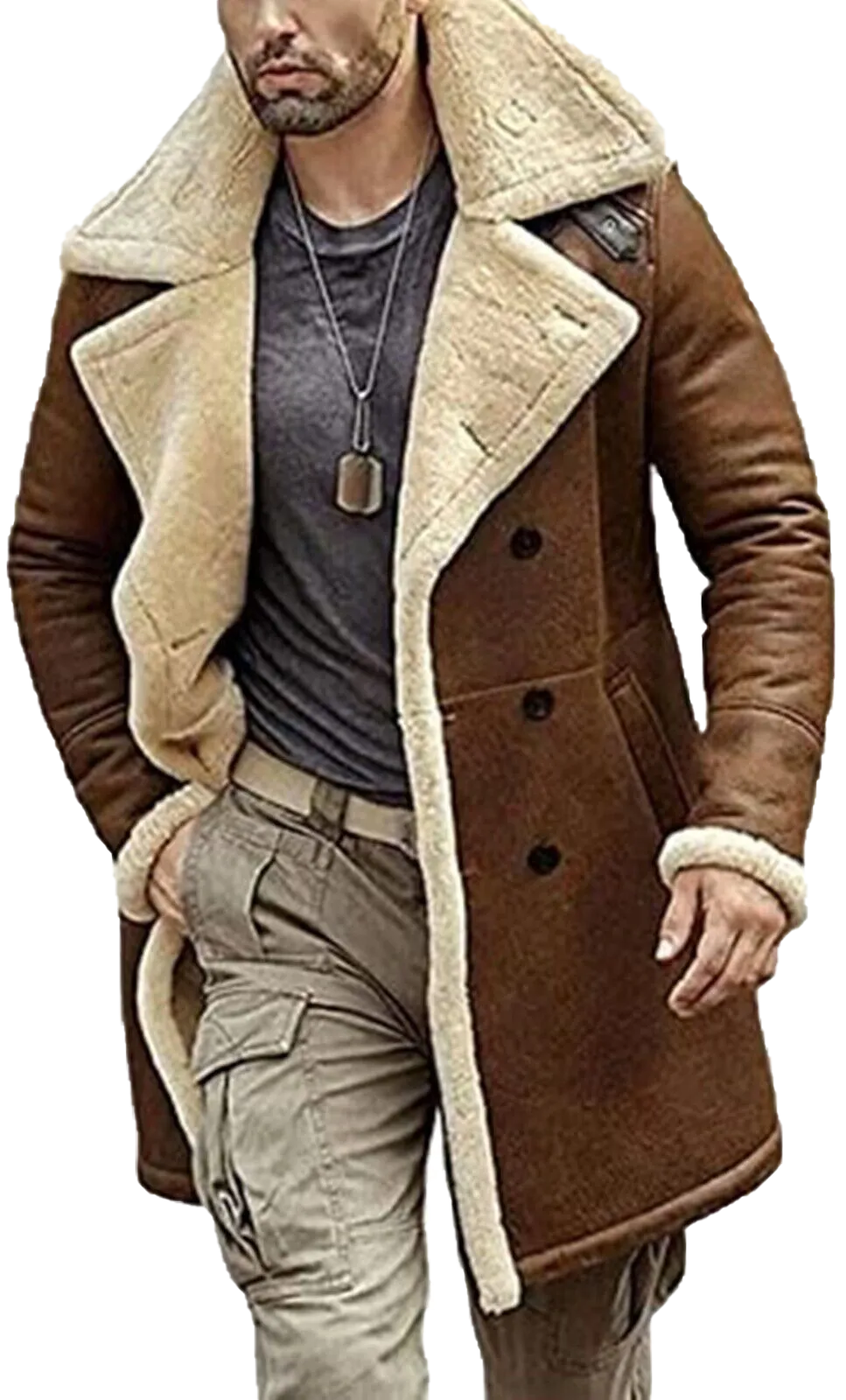 Men's B3 Double Breasted Genuine Leather and Artificial Fur Coat