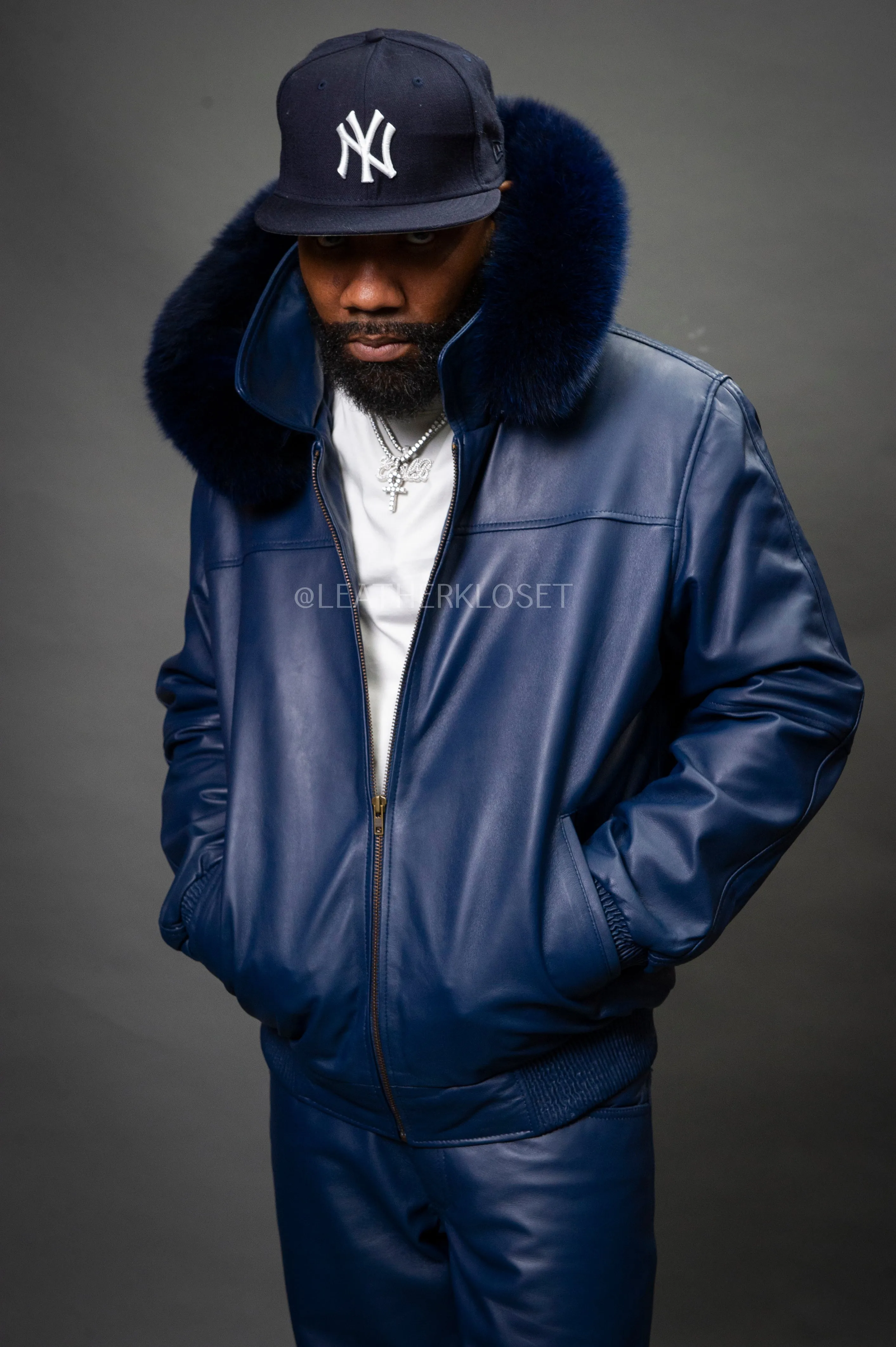 Men's Classic Baseball Jacket With Fox Hood [Navy]