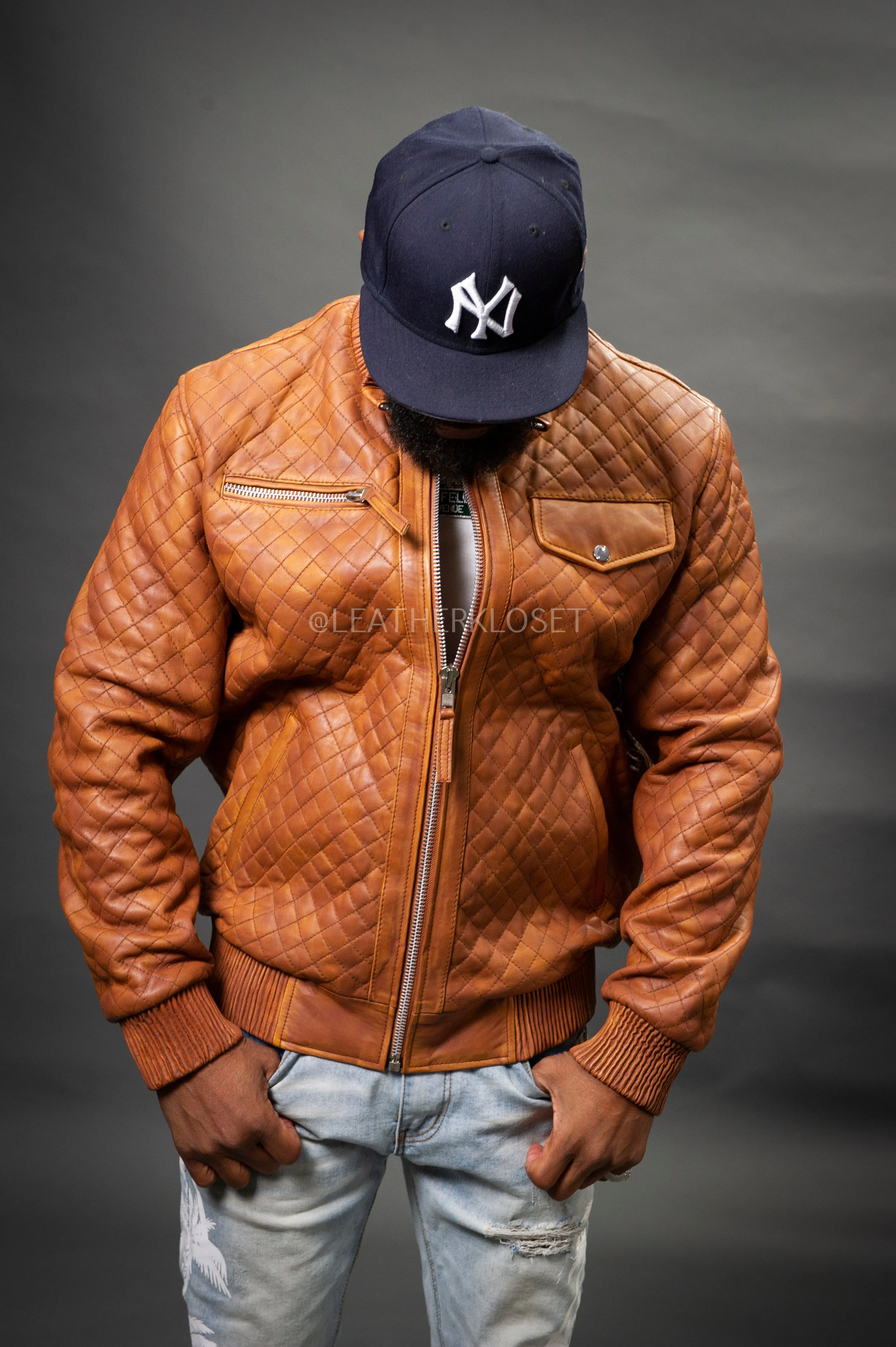 Men's Franklin Quilted Leather Bomber Jacket [Caramel Crunch]