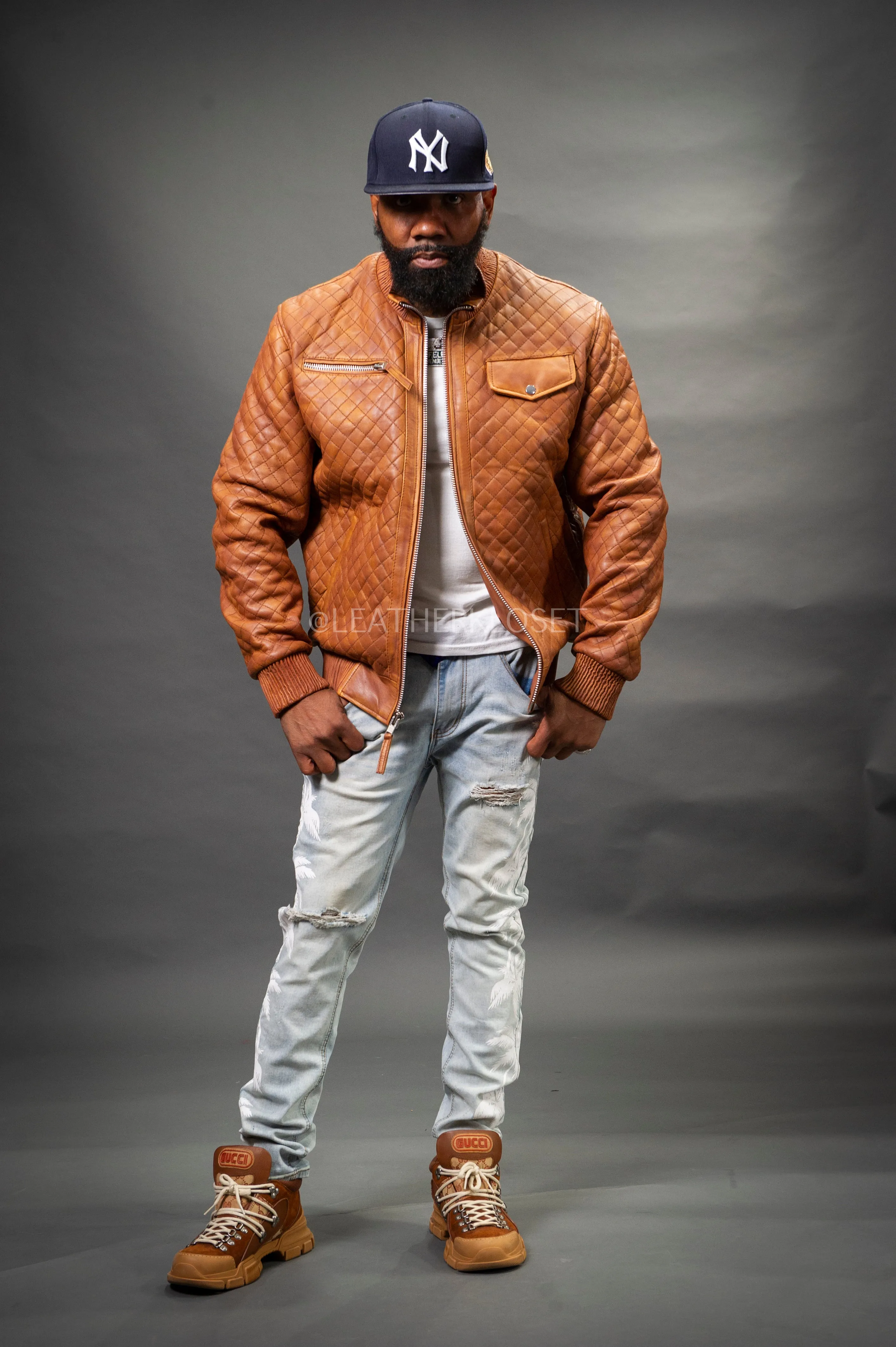 Men's Franklin Quilted Leather Bomber Jacket [Caramel Crunch]