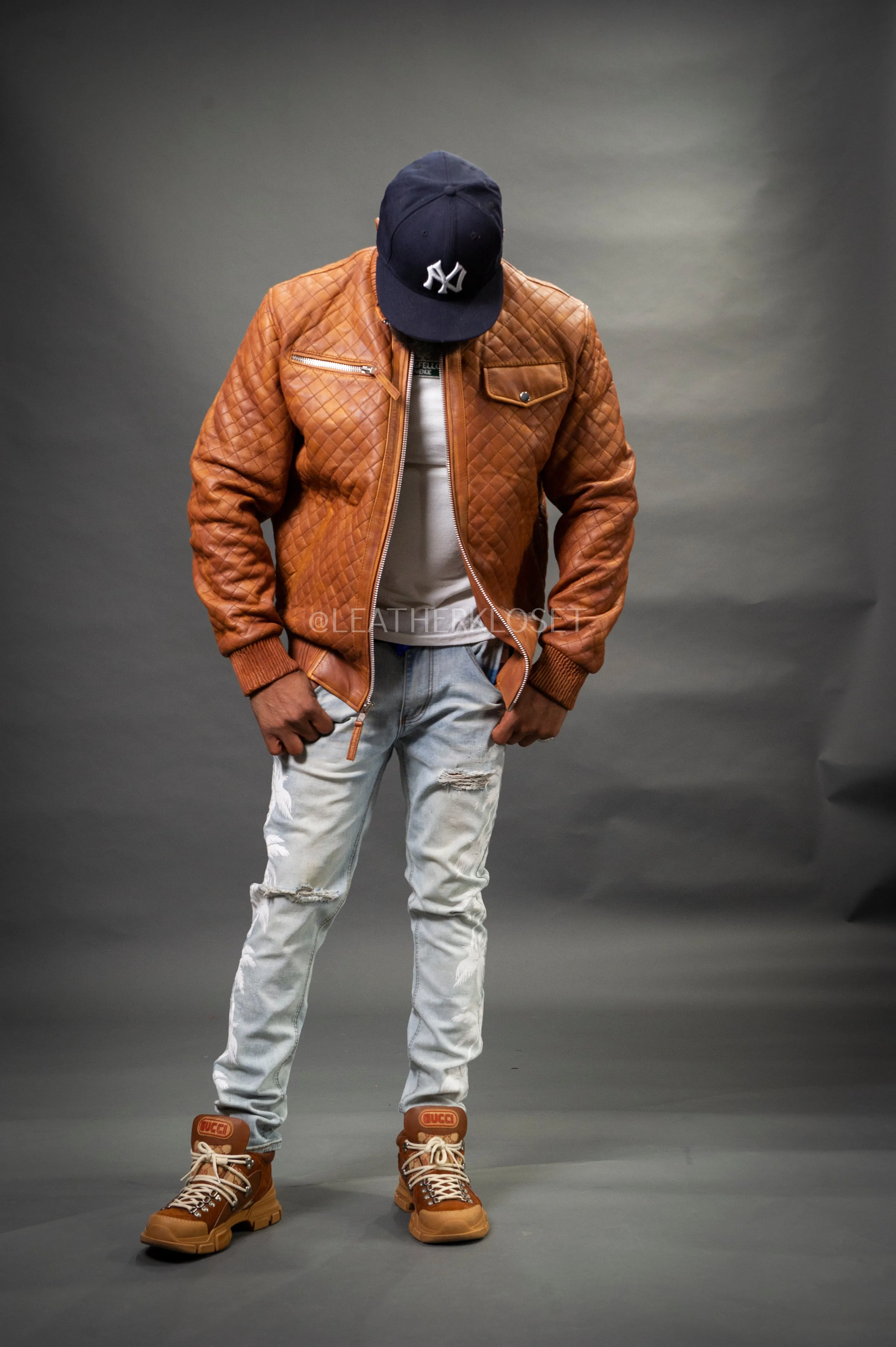 Men's Franklin Quilted Leather Bomber Jacket [Caramel Crunch]