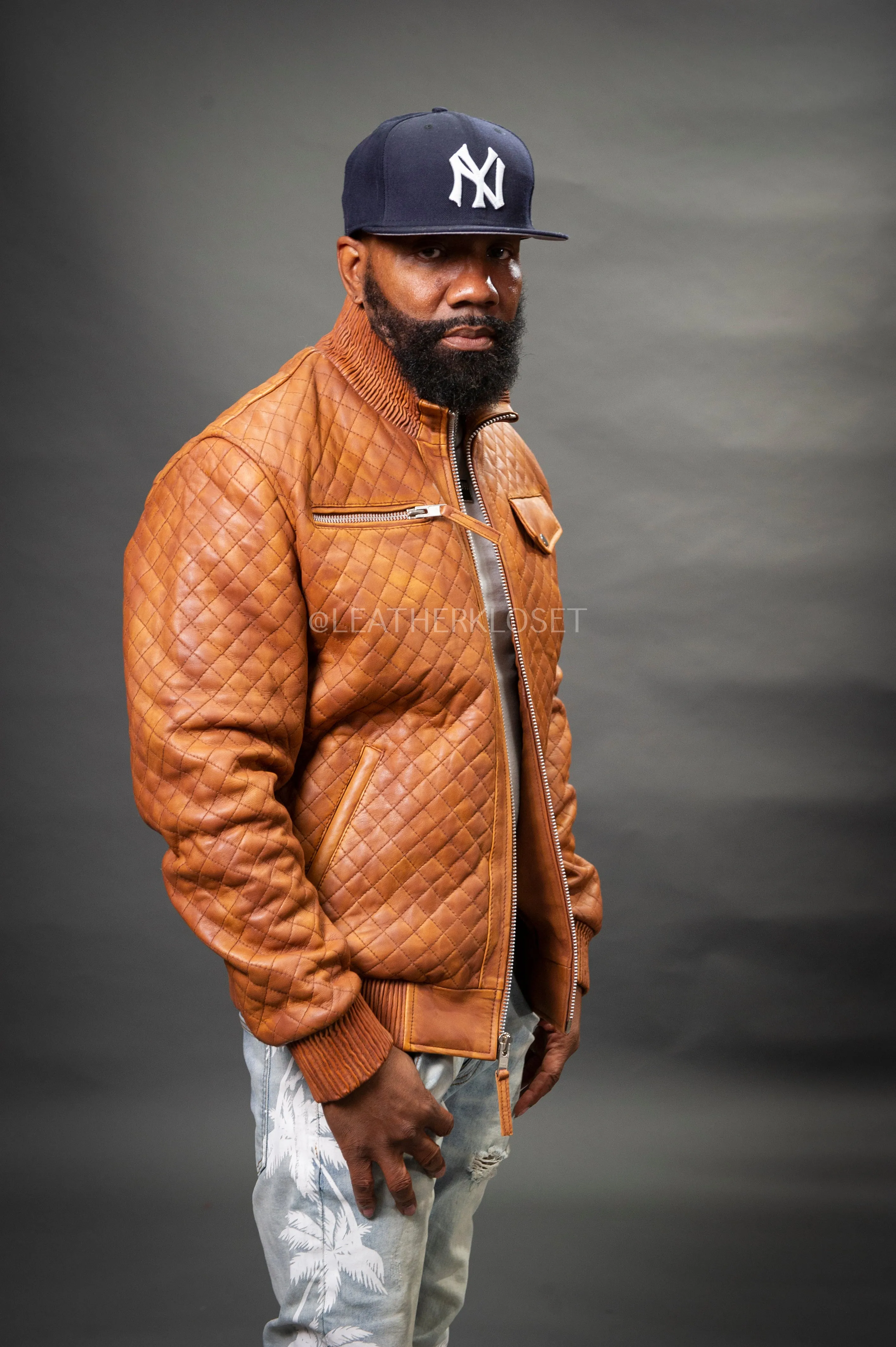 Men's Franklin Quilted Leather Bomber Jacket [Caramel Crunch]