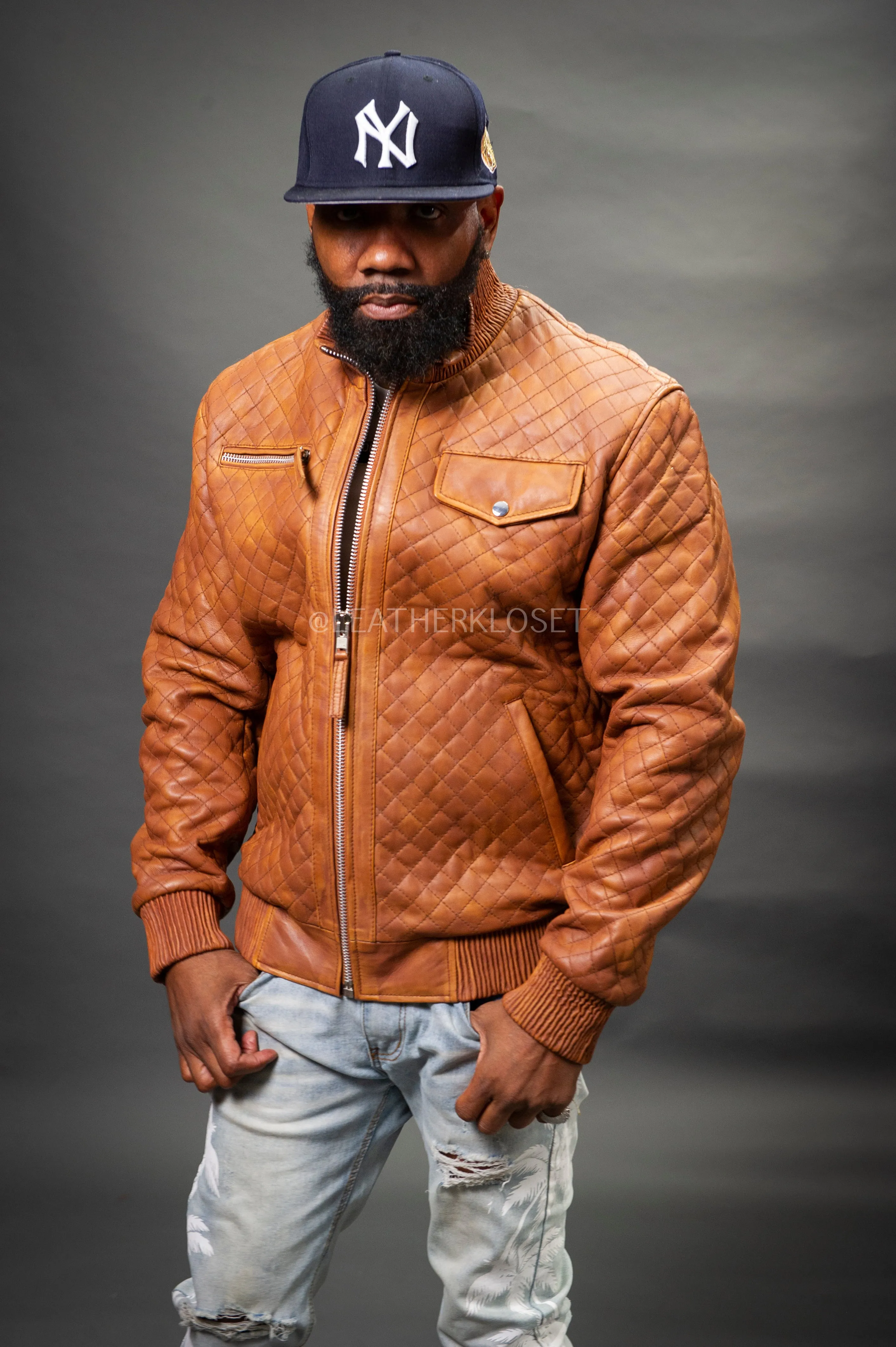 Men's Franklin Quilted Leather Bomber Jacket [Caramel Crunch]