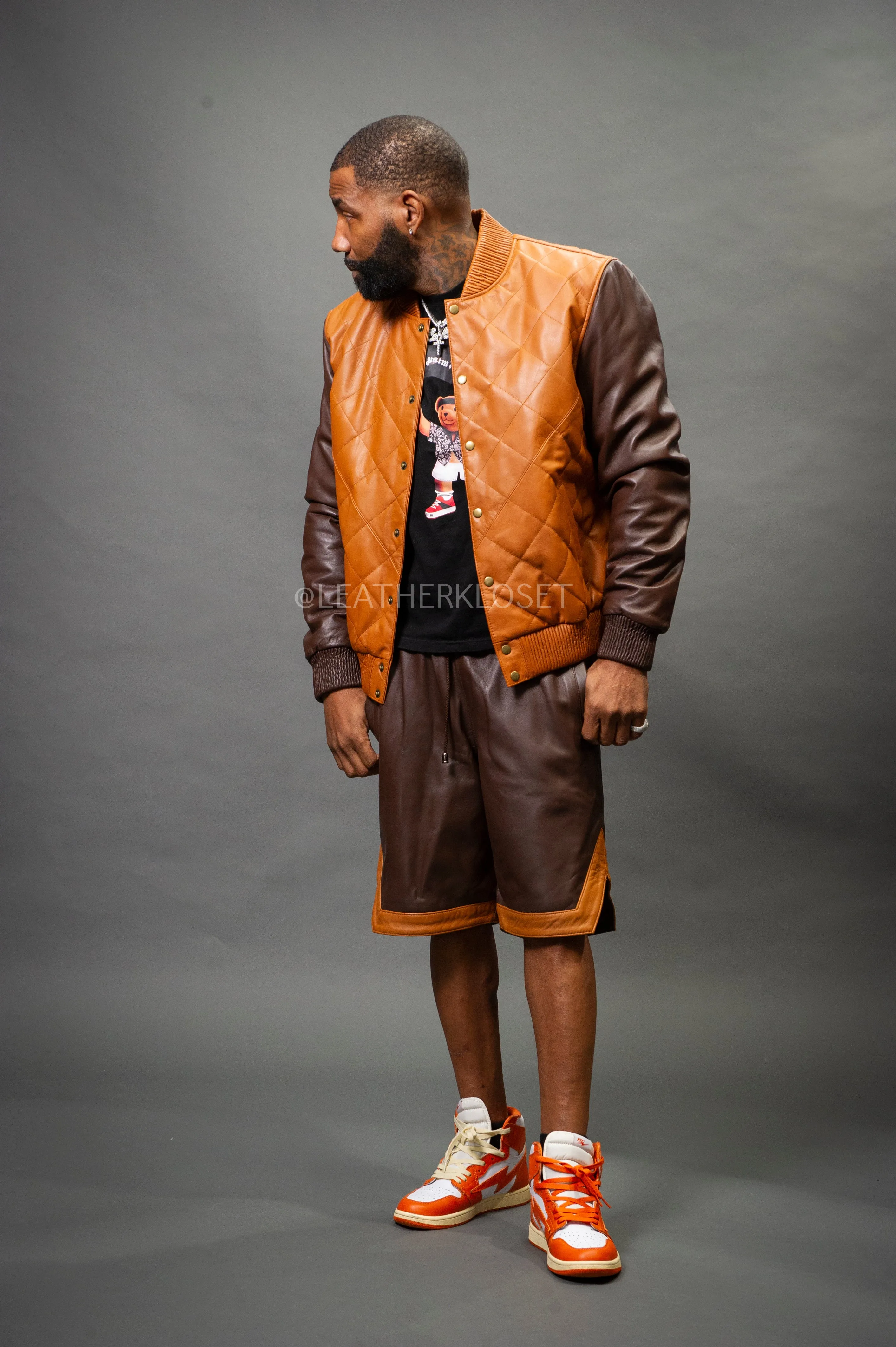 Men's Leather Adan Varsity Jacket With Shorts [Chocolate/Saddle]