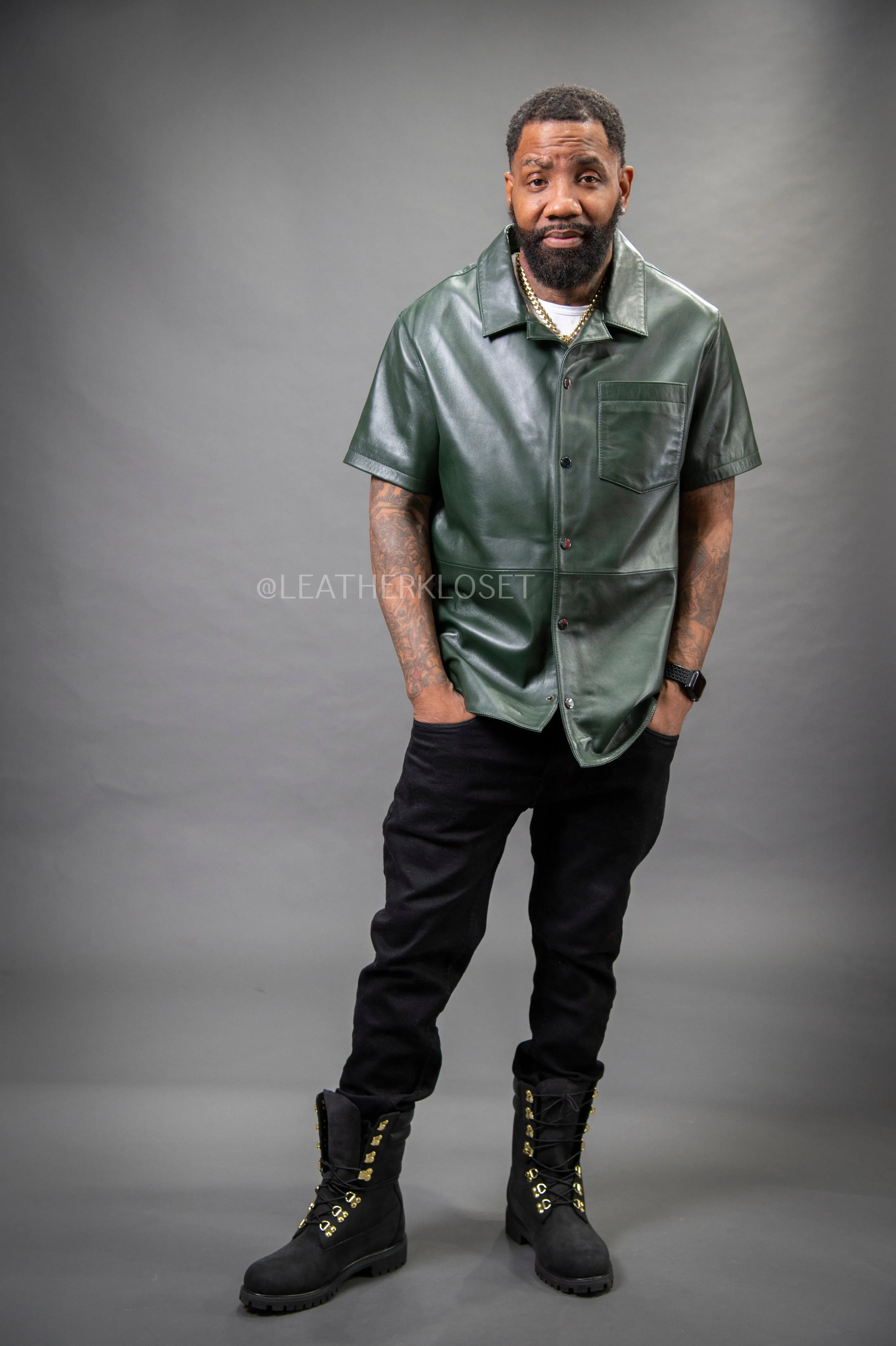 Men's Summer In Miami Luka Leather Short Sleeve Shirt [Forest Green]