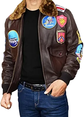 Mens Topgun Aviator USAAF Fur Collar Pilot Flying Tom Cruise Multiple Patches