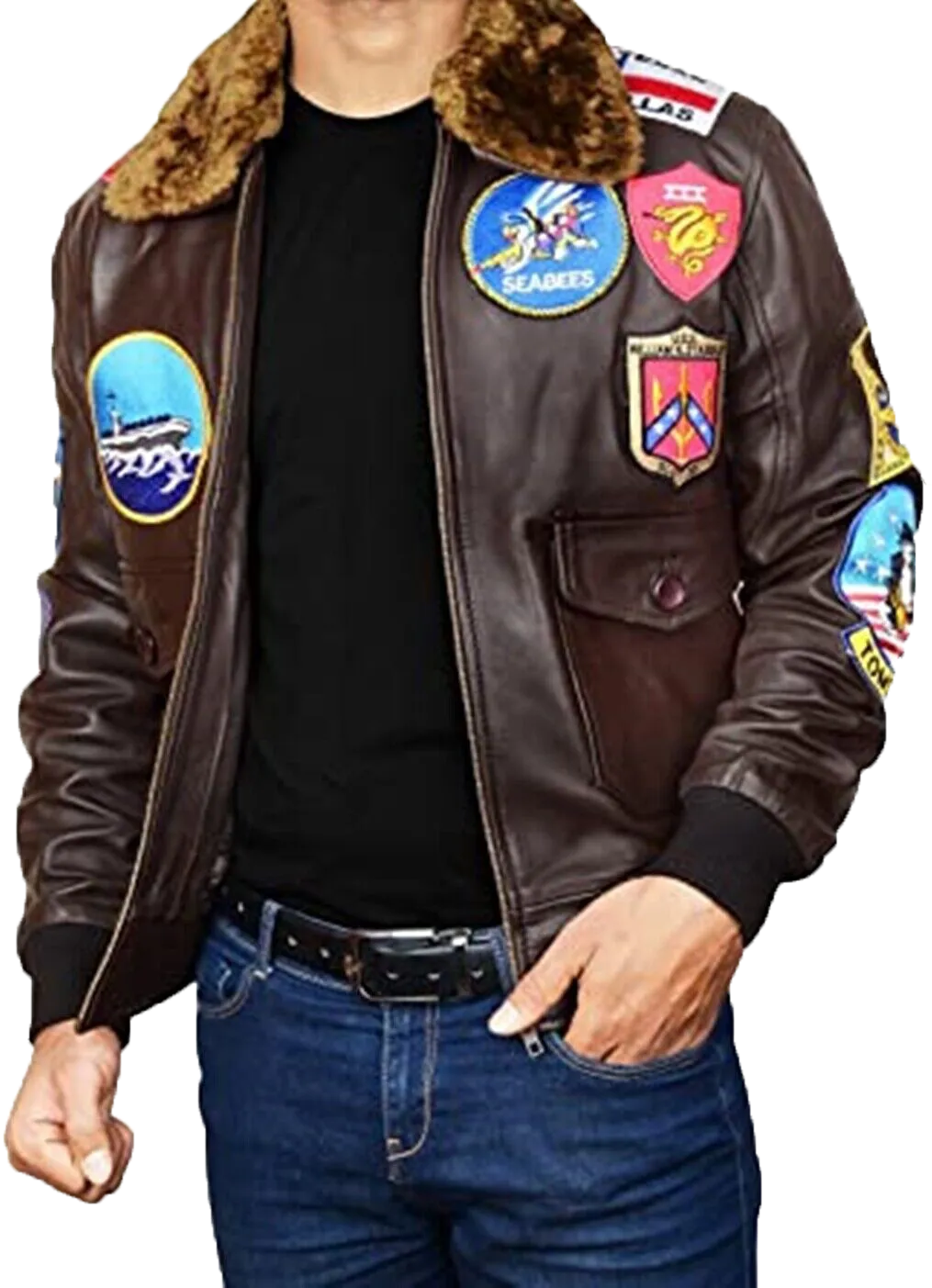 Mens Topgun Aviator USAAF Fur Collar Pilot Flying Tom Cruise Multiple Patches