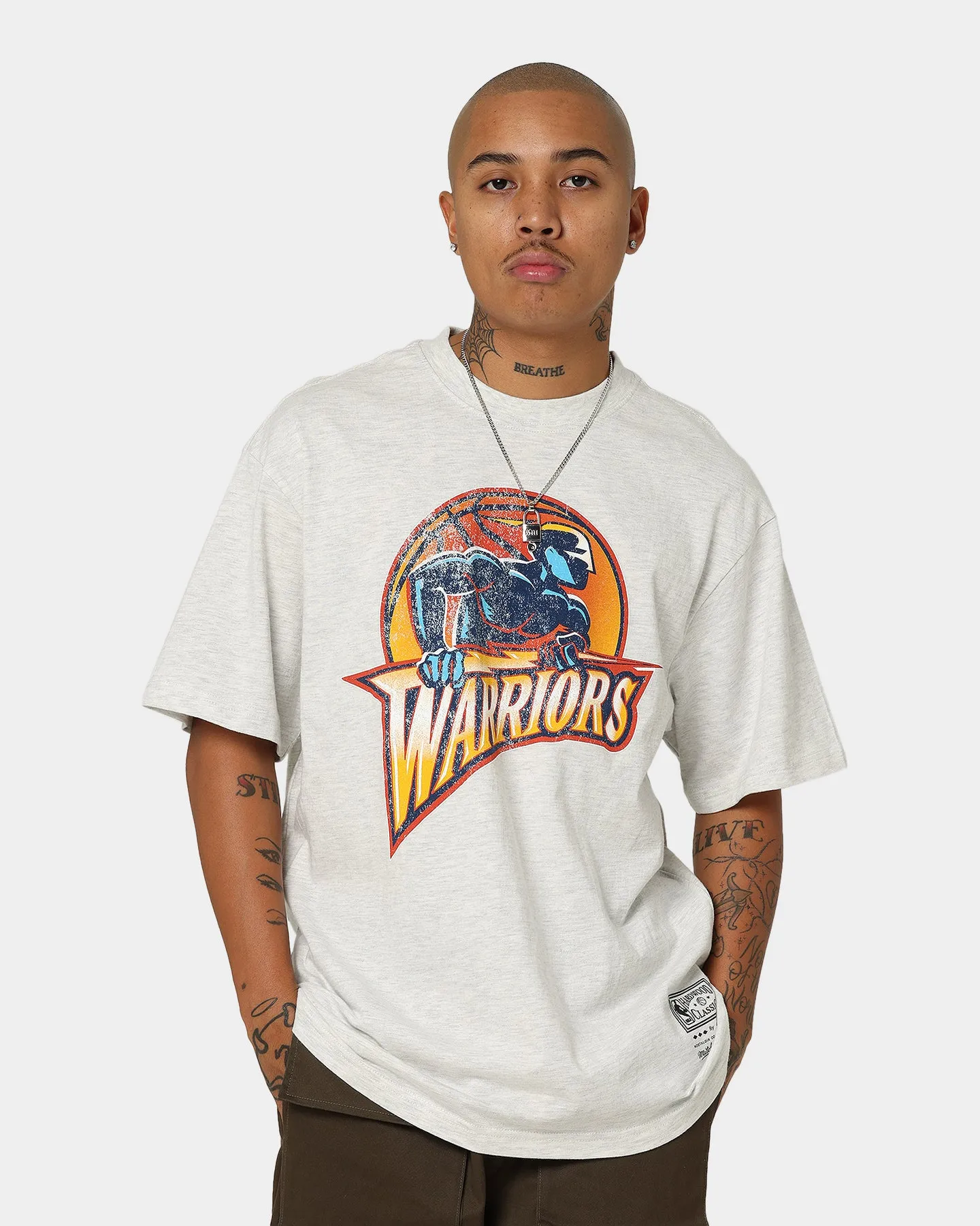 Mitchell & Ness Golden State Warriors Oversized Logo Short Sleeve T-Shirt White Marle