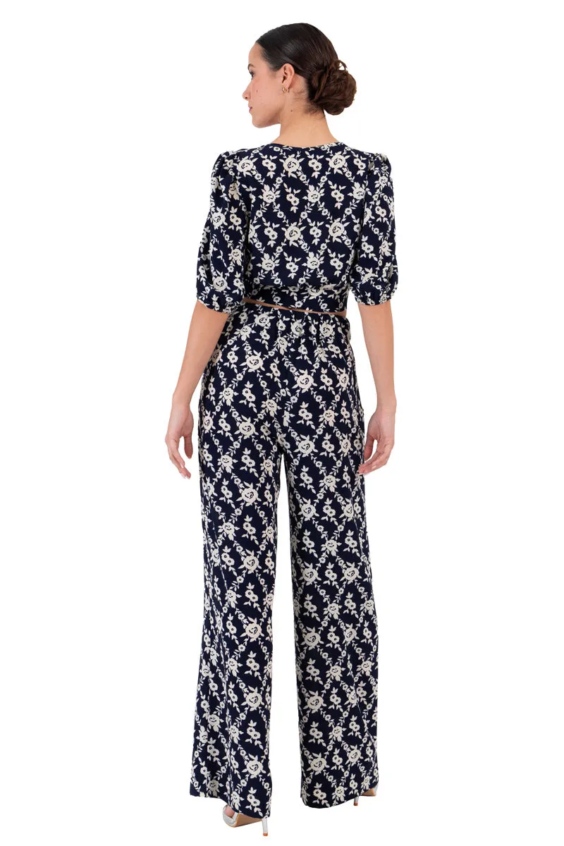 Navy Blue Floral Print Wide-Leg Pants