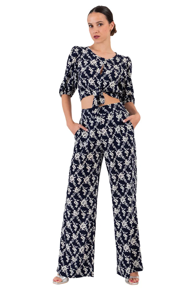 Navy Blue Floral Print Wide-Leg Pants