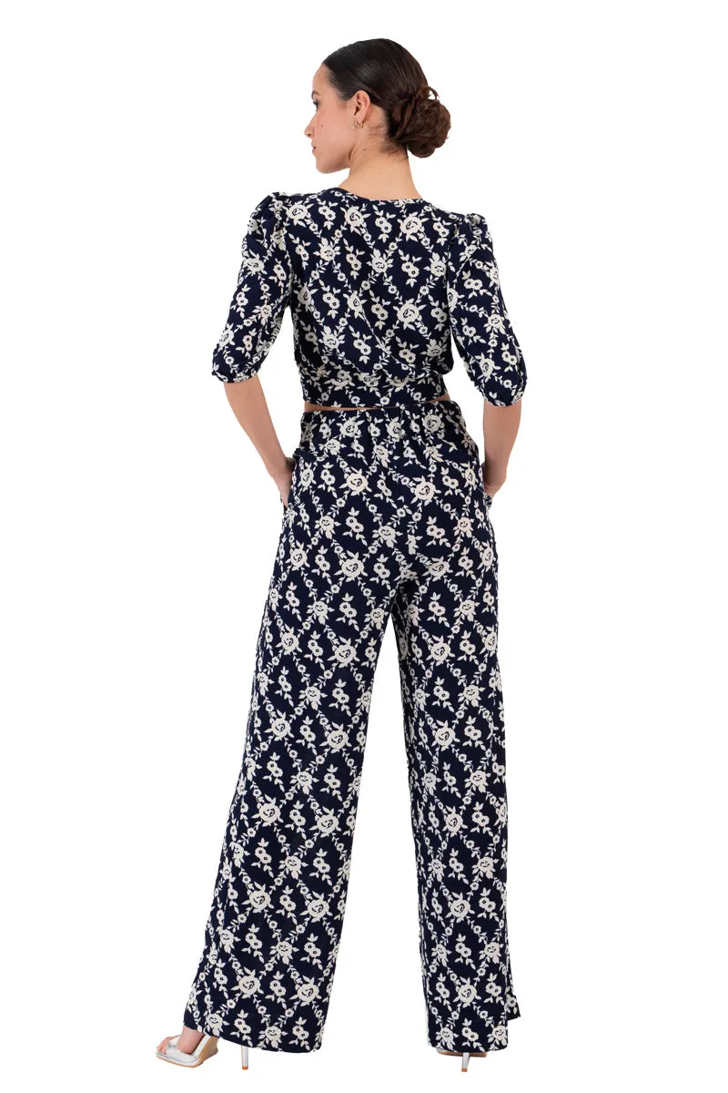 Navy Blue Floral Print Wide-Leg Pants