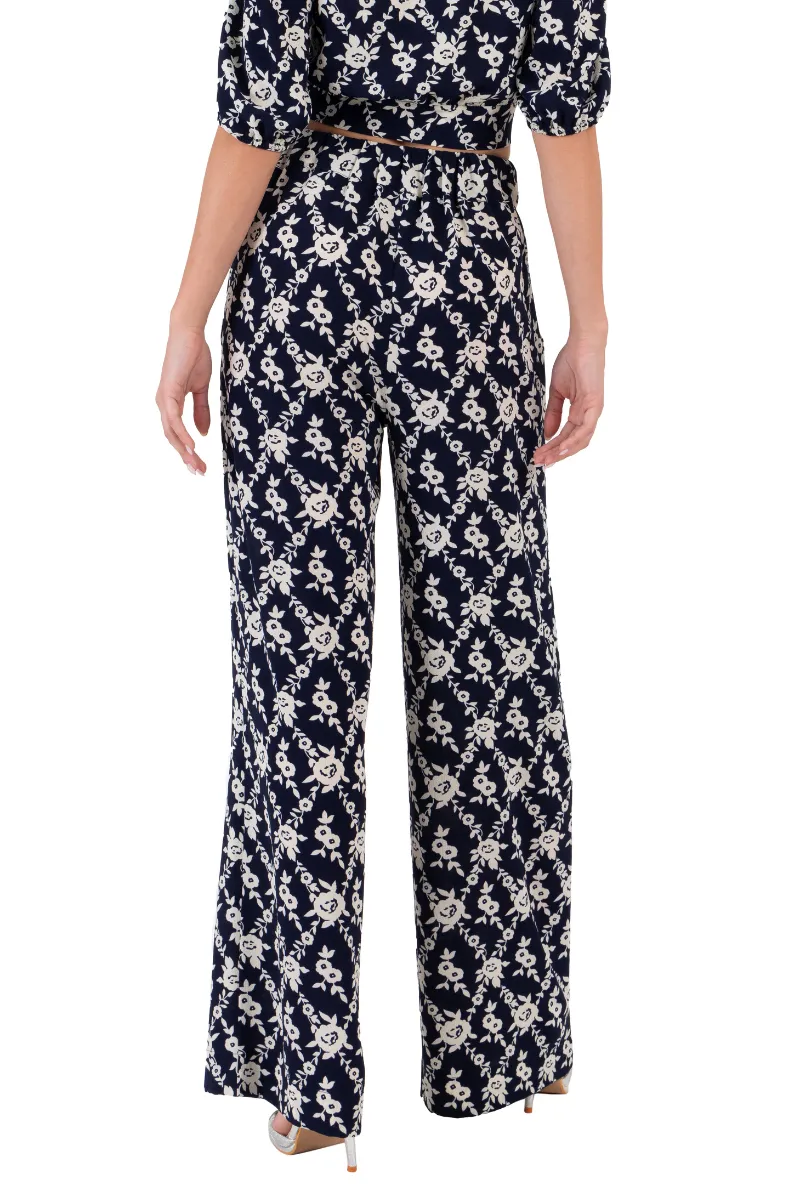 Navy Blue Floral Print Wide-Leg Pants