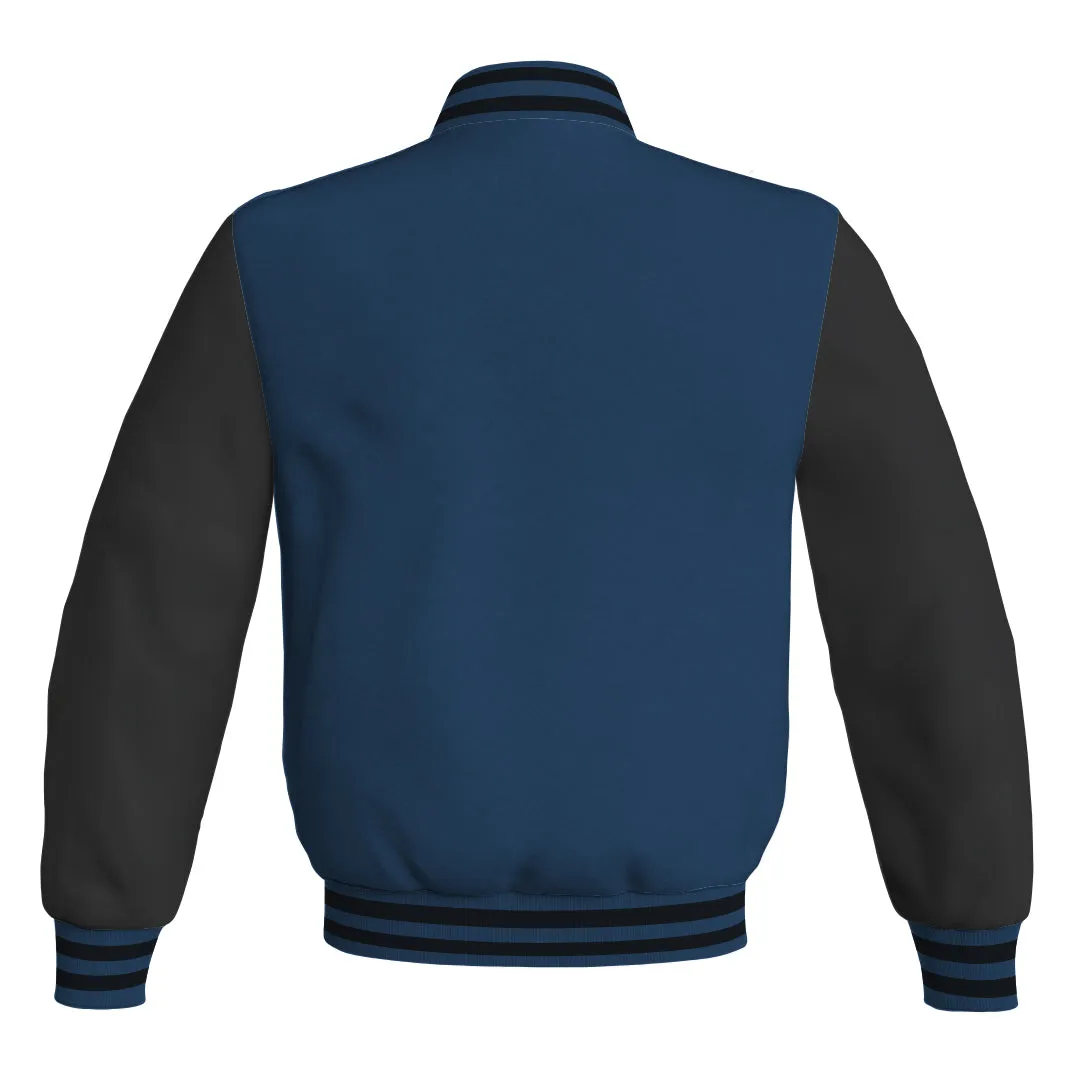 Personalized Varsity Jacket Navy Blue Body and Black Leather Sleeves Bomber Jacket