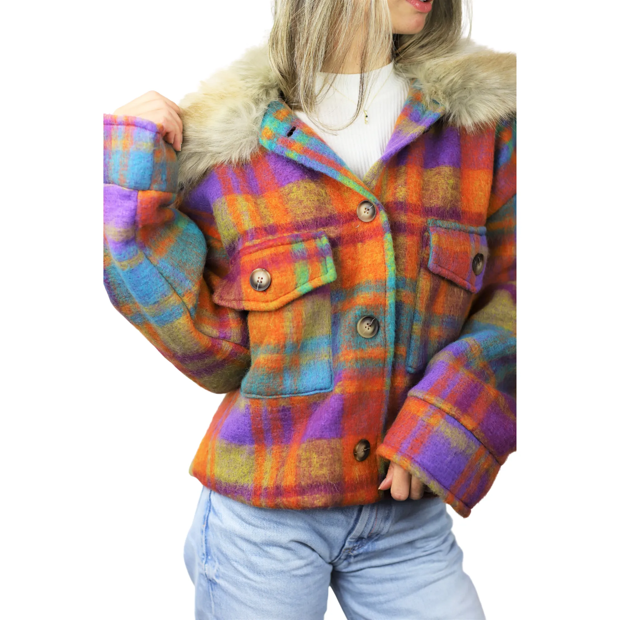 Plaid Cropped Jacket w/ Trim - Orange