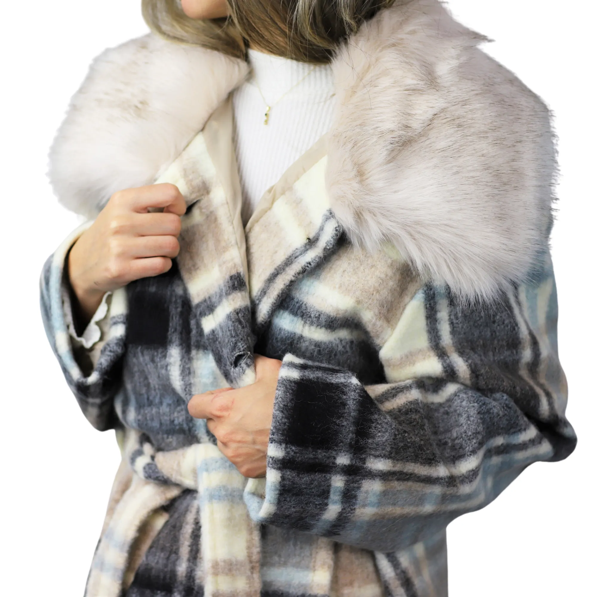 Plaid Long Coat with Trim / Tie Waist - White