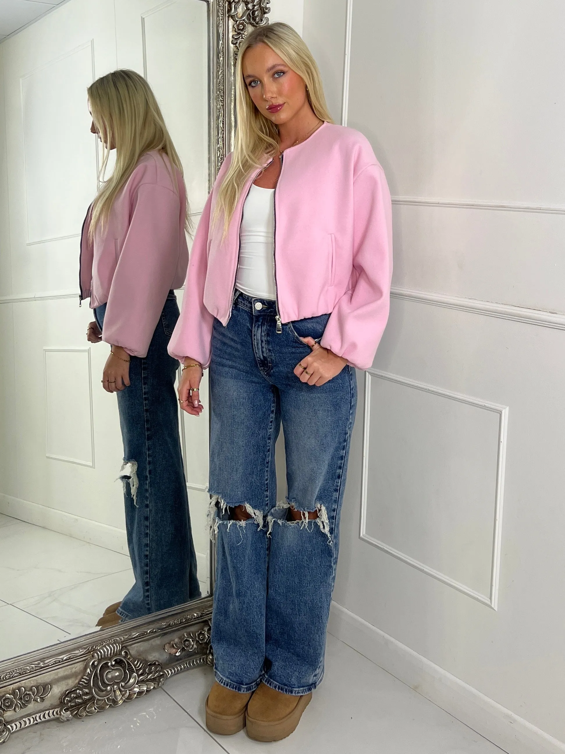 Puff Sleeve Bomber Jacket - Baby Pink