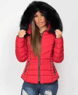 Red Quilted Padded Chevron Piping Detail Fur Hooded Puffer Jacket