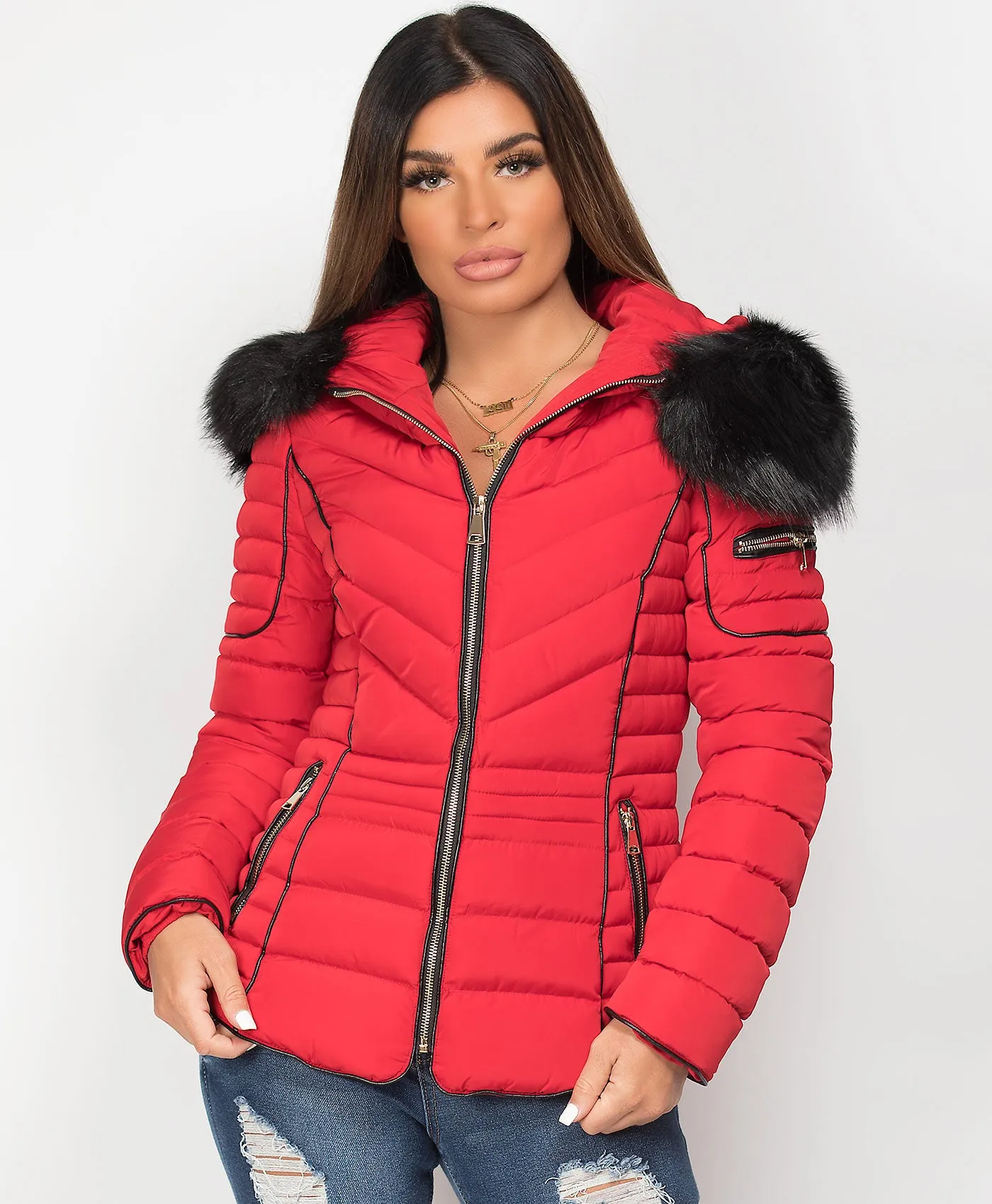 Red Quilted Padded Chevron Piping Detail Fur Hooded Puffer Jacket