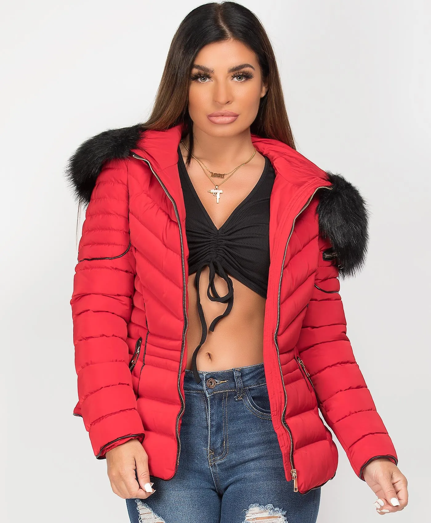 Red Quilted Padded Chevron Piping Detail Fur Hooded Puffer Jacket