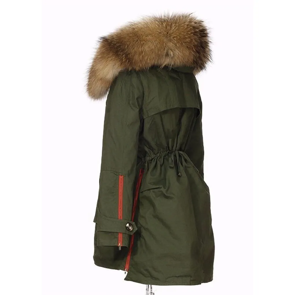 Removable Fur Hood Parka Green   Red Zips