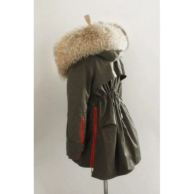 Removable Fur Hood Parka Green   Red Zips