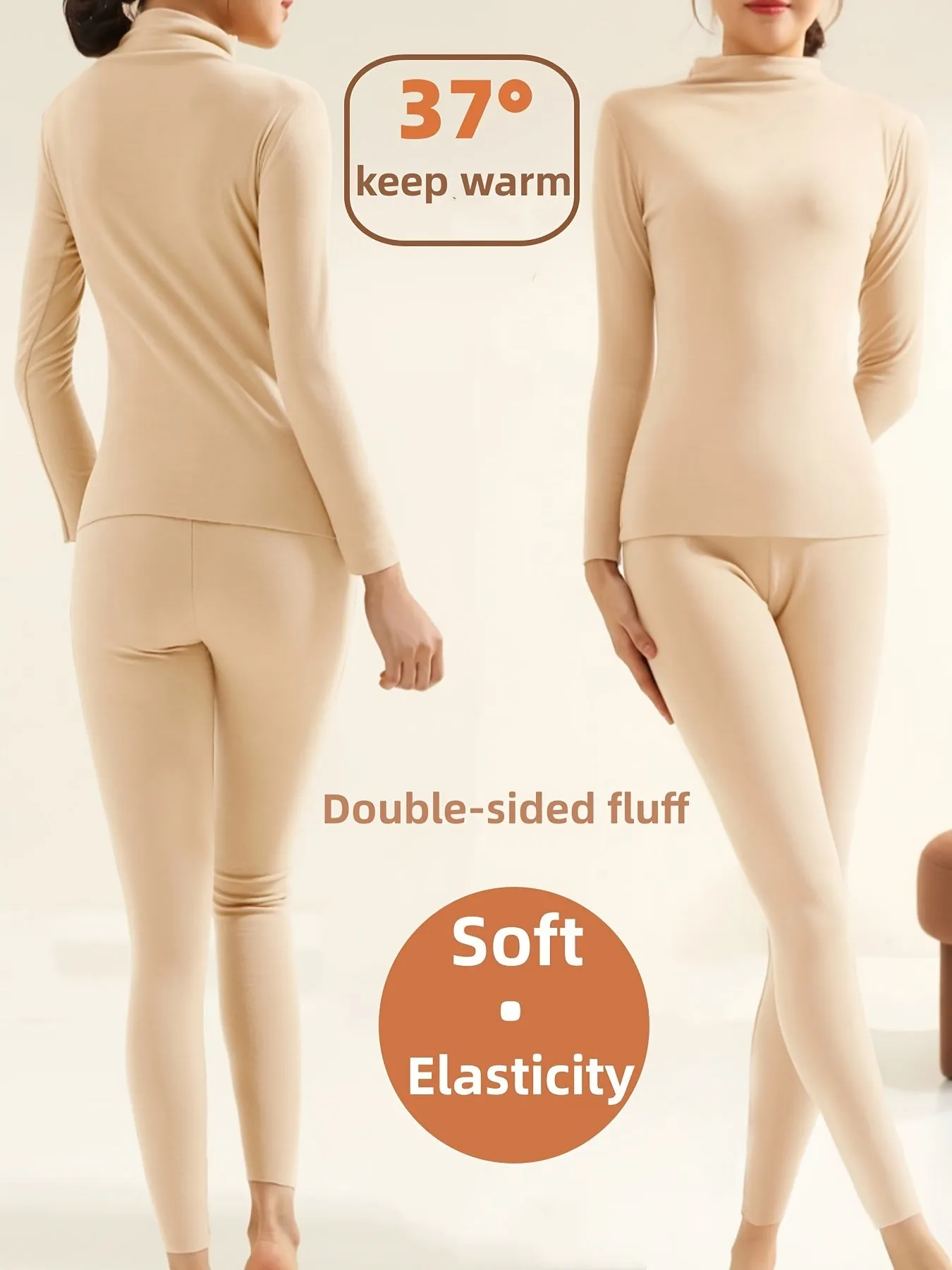 Seamless Thermal Underwear Set, Long Sleeve Mock Neck Tops & Pants, Women's Loungewear & Underwear