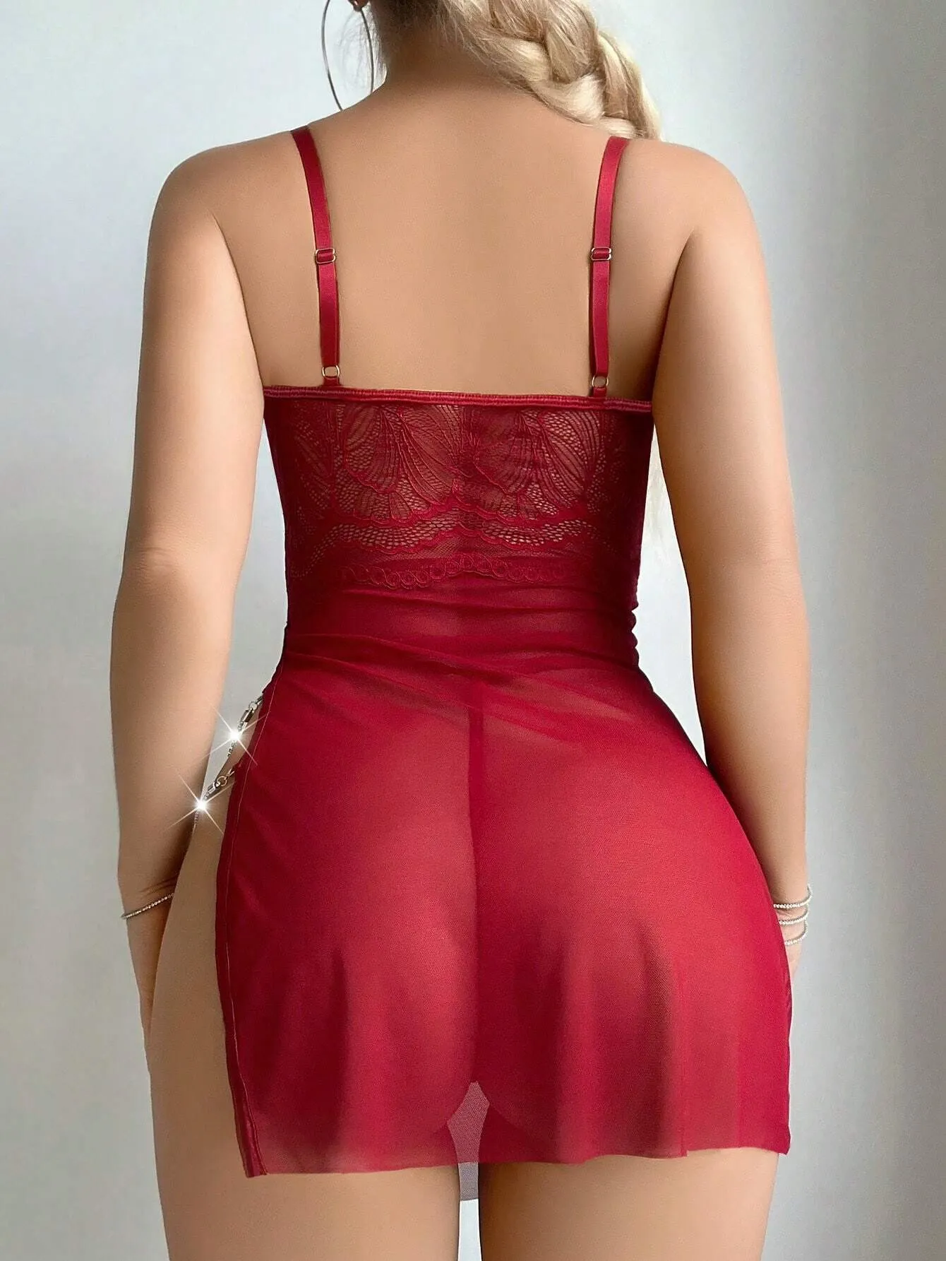 SHEIN 2pcs Set Mature Sexy Red Lace Contrast Mesh Split Nightgown And G-String Lingerie