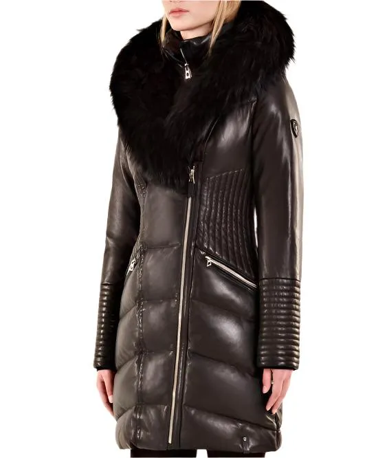 Sia Leather Down Coat With Fur Trim