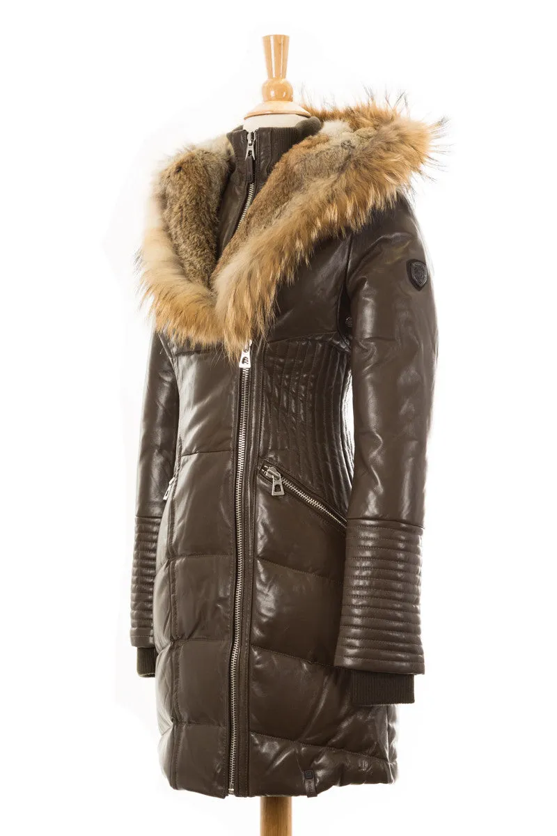 Sia Leather Down Coat With Fur Trim