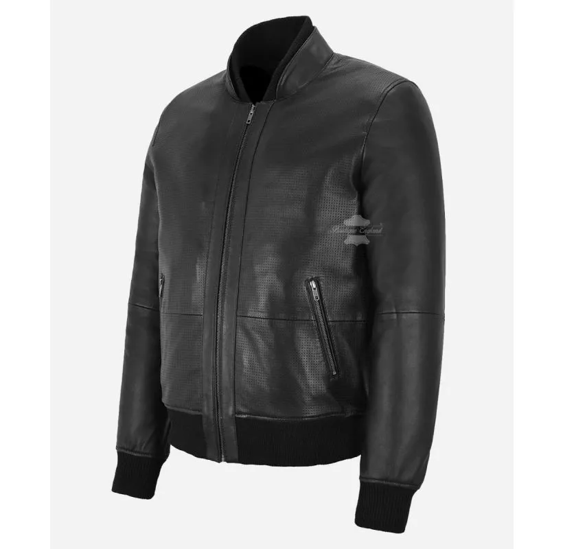 Smith Ultra Handsome Perforated Bomber Leather Jacket For Mens