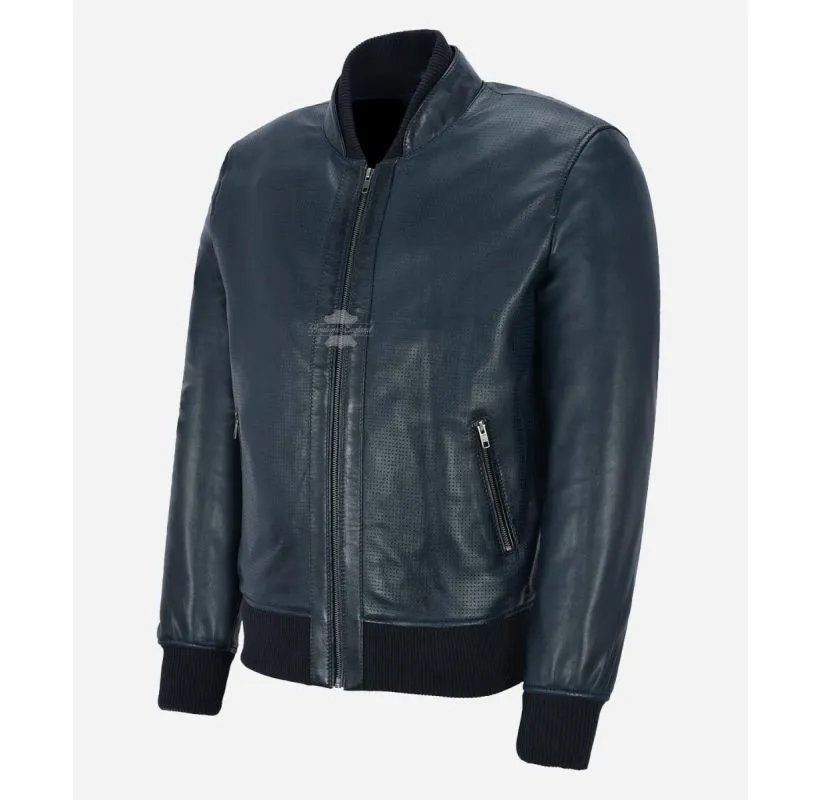 Smith Ultra Handsome Perforated Bomber Leather Jacket For Mens