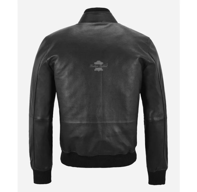 Smith Ultra Handsome Perforated Bomber Leather Jacket For Mens