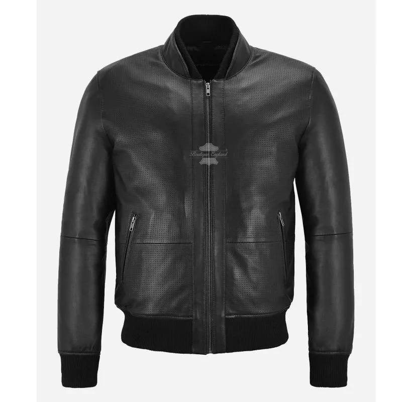 Smith Ultra Handsome Perforated Bomber Leather Jacket For Mens